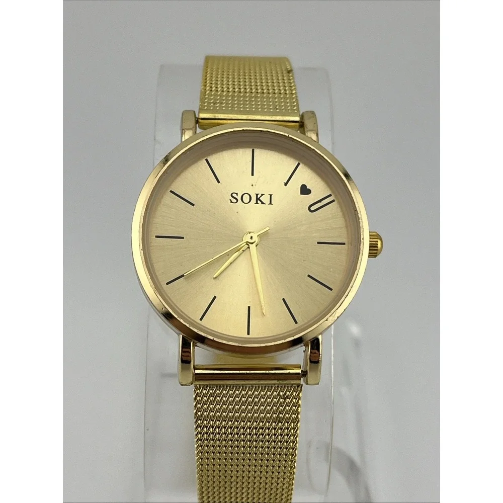 Soki‎ Watch Women 30mm Gold Case Mesh Metal Band- New Battery